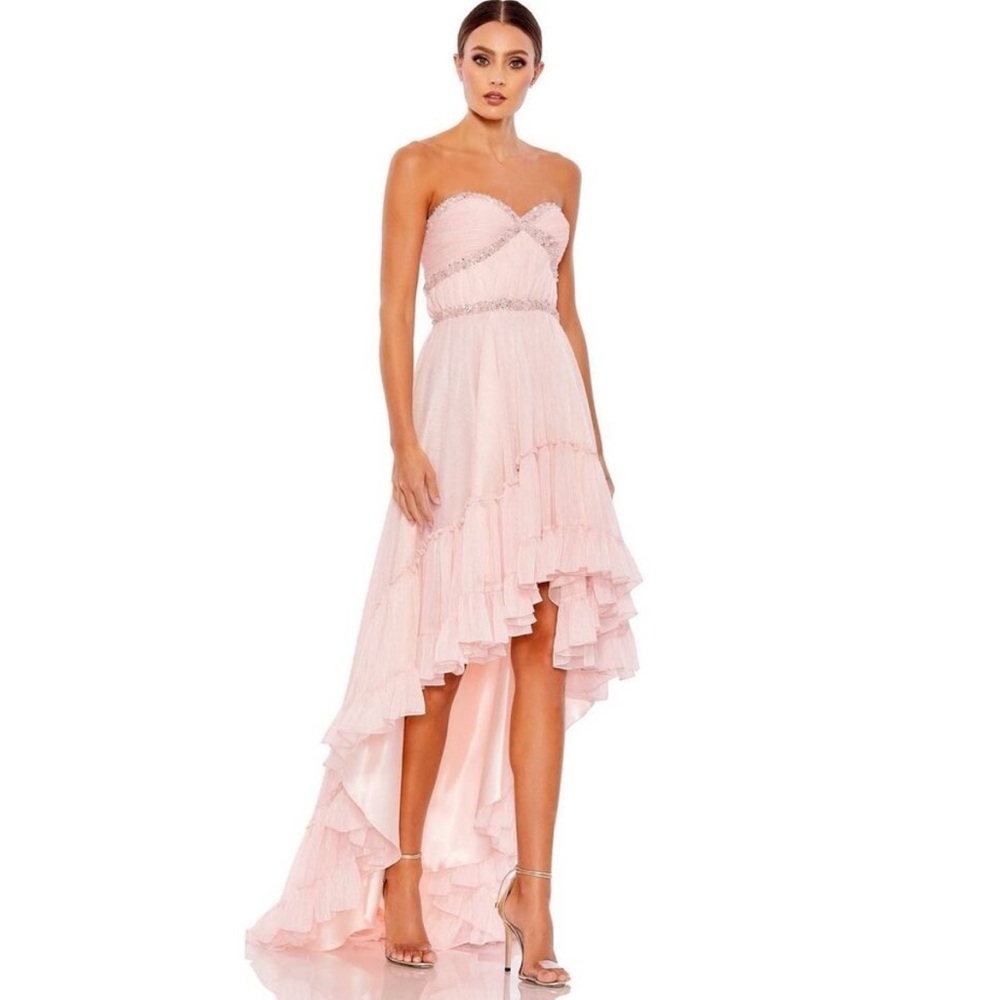 Mac Duggal Strapless Beaded Ruffle High Low Prom Gown Ice Pink Size 4 Princess